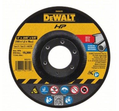 DEWALT Depressed Center Cut-Off Wheel: Type 27, 4" x 0.045" x 5/8", Aluminum Oxide, 60 Grit, A60T