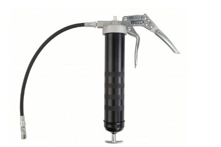 Manual Grease Gun: Pistol-Grip Handle, Cartridge Load, Flex Nozzle, Variable Stroke, Black, 14 oz