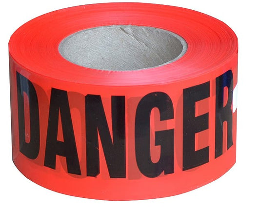 Danger Tape, Barricade Tape, Red, 3 in Wide x 1000 ft Long, Polyethylene, 2 mil Thick