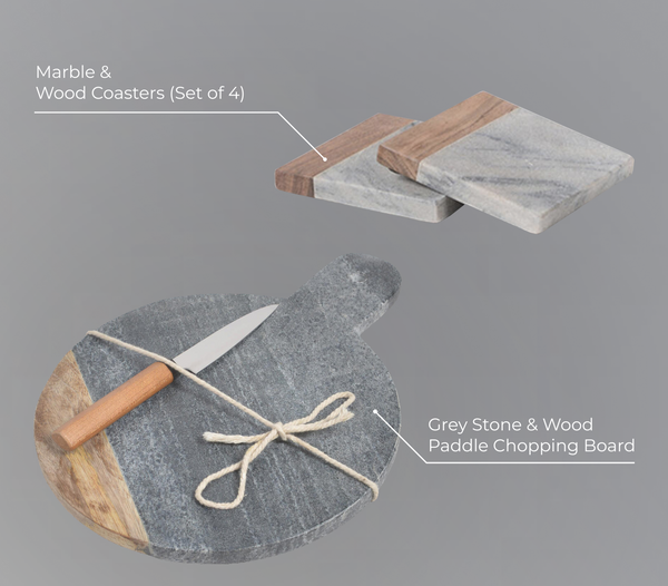Grey Stone & Wood Chopping Board & 4 Coasters