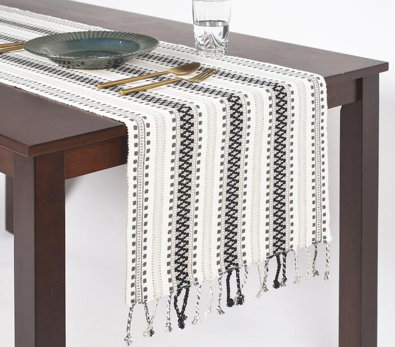 Yarn-Dyed Cotton Panelled Table Runner with Braided Tassels