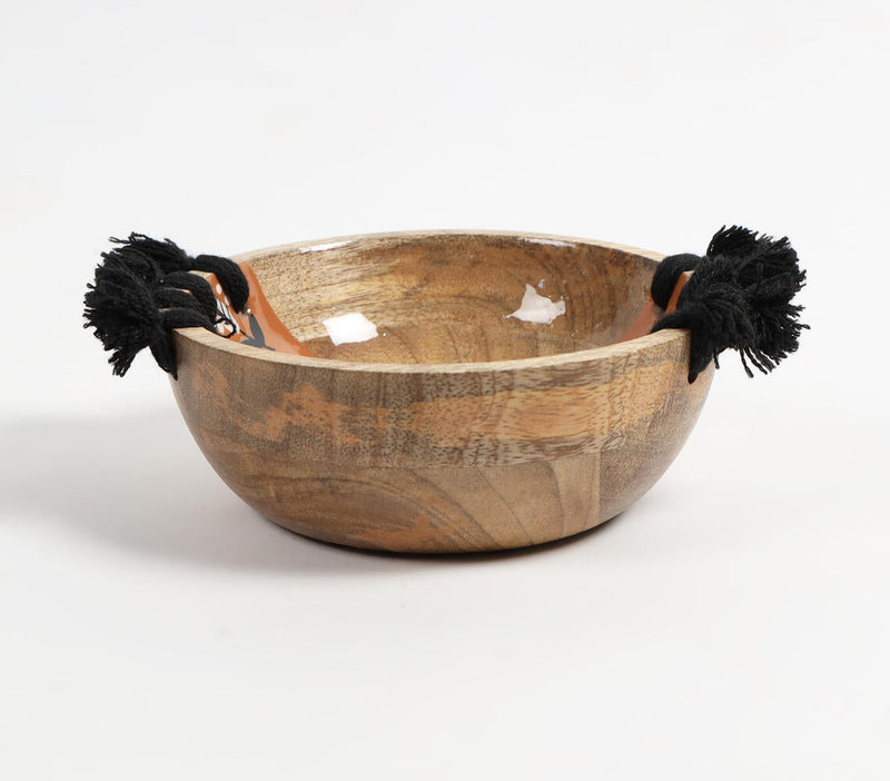 Enamelled Wooden Floral Tasseled Serving Bowl