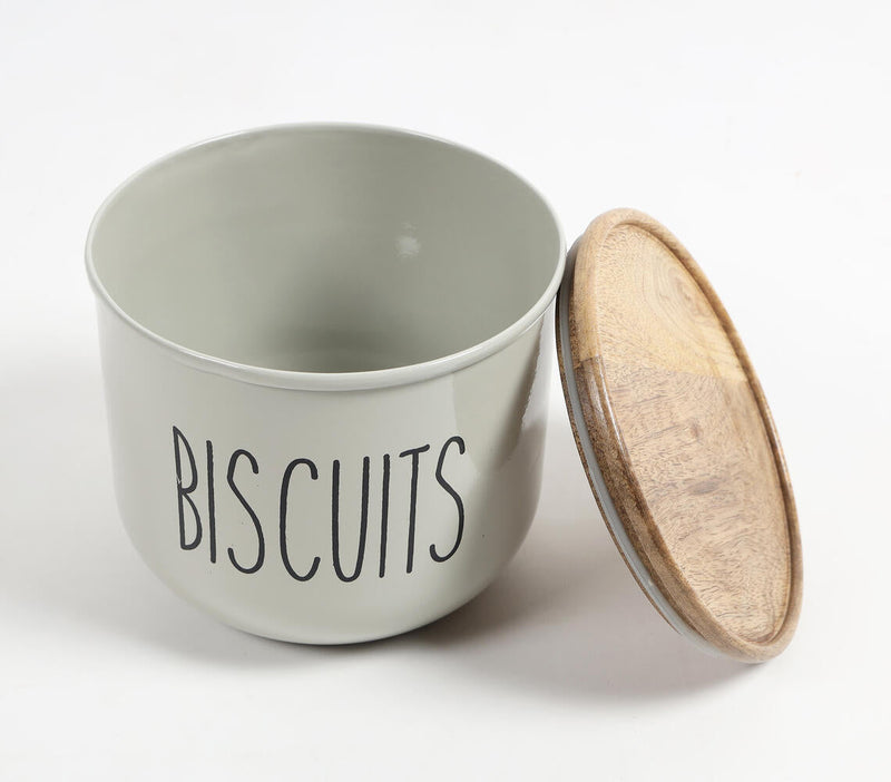 Matte-Grey Typographic Metal Canister with Wooden Lid