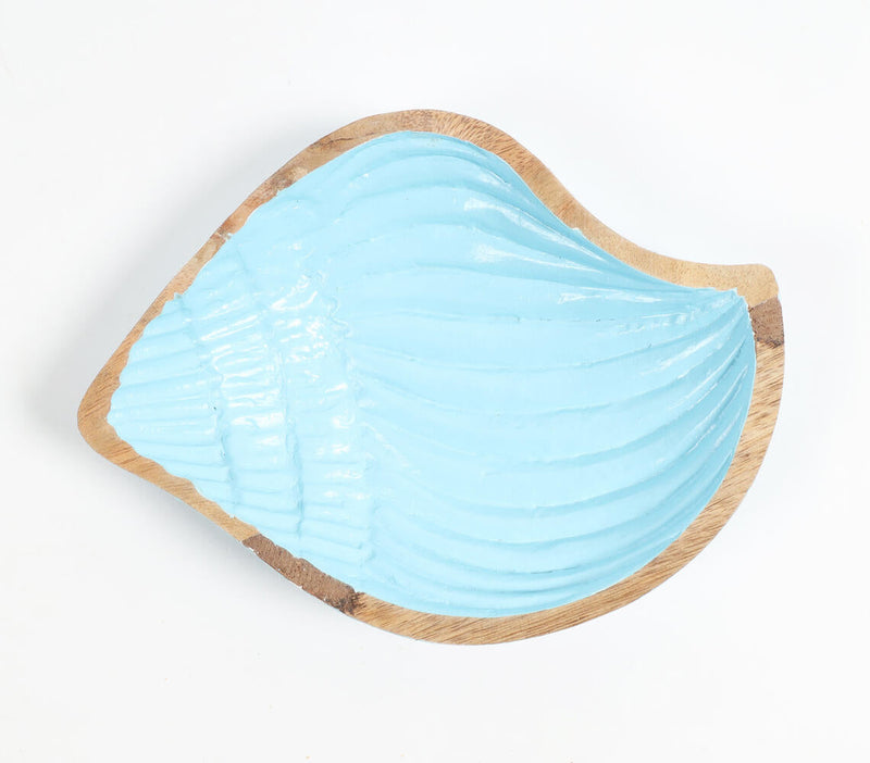 Hand Carved Wooden Blue Shell-Shaped Serving Platter
