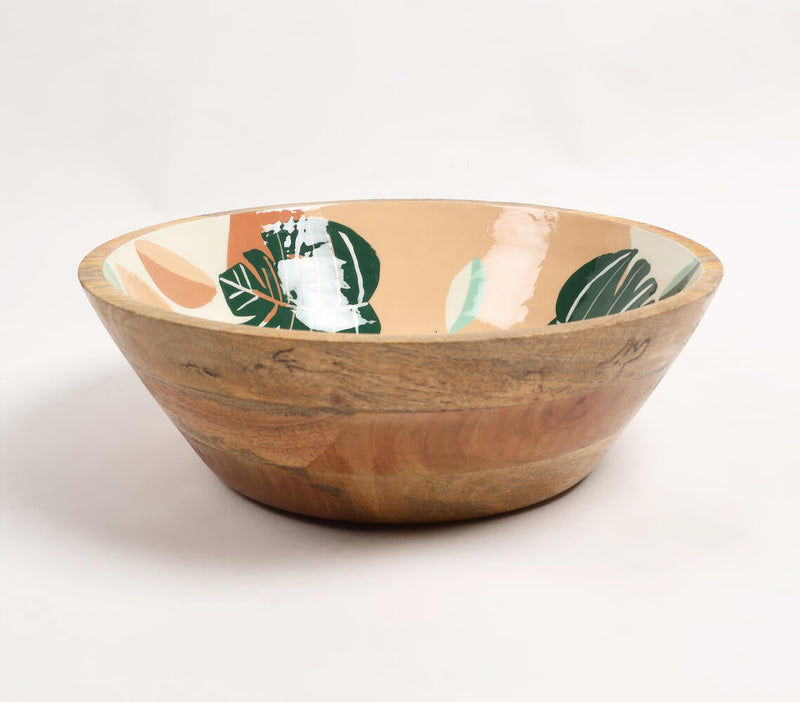 Enamelled Abstract-Botanical Wooden Bowl