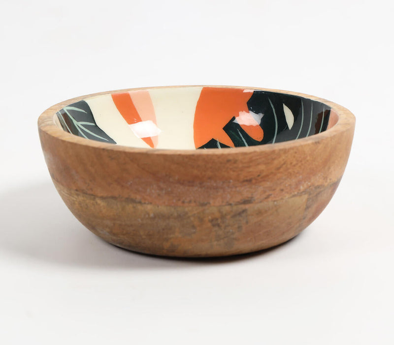 Enamelled Abstract Leaf Wooden Bowl
