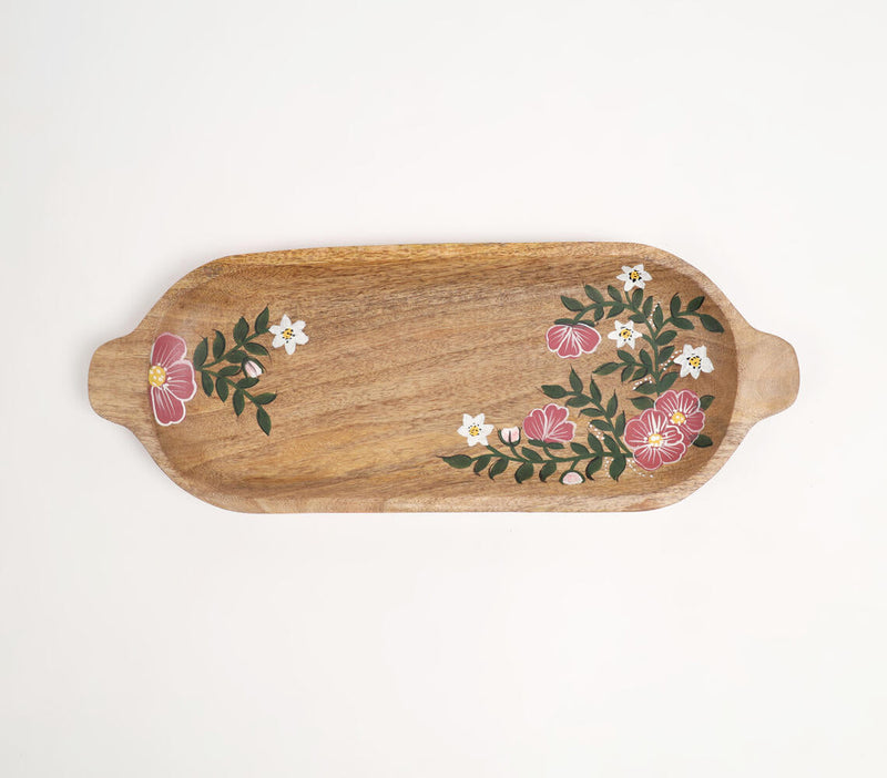 Hand Painted Mango Wood Floral Elongated Platter