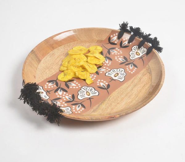 Enameled Floral Strip Tasseled Mango Wood Plate
