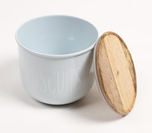 Matte-Pastel Blue Typographic Metal Canister with Wooden Lid