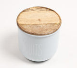 Matte-Pastel Blue Typographic Metal Canister with Wooden Lid