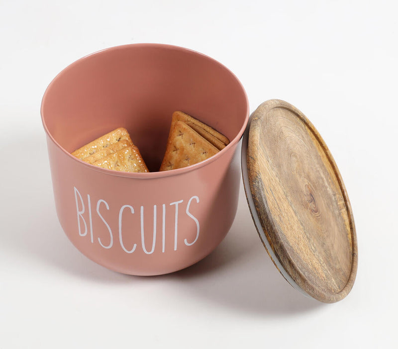 Matte-Pink Typographic Metal Canister with Wooden Lid