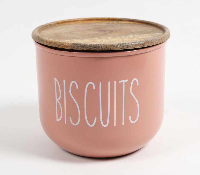 Matte-Pink Typographic Metal Canister with Wooden Lid