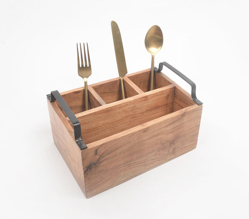 Classic Acacia Wood Flatware Caddy with Metal handles