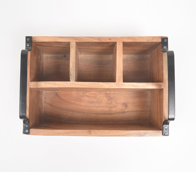 Classic Acacia Wood Flatware Caddy with Metal handles
