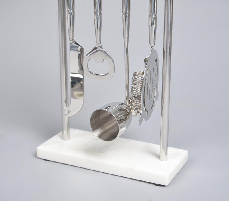 Silver-Toned Stainless Steel Bar Tools with Stand (Set of 4)