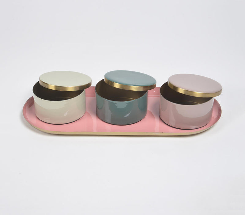 Pastel Enamelled Iron Oval Tray with 3 snack Boxes