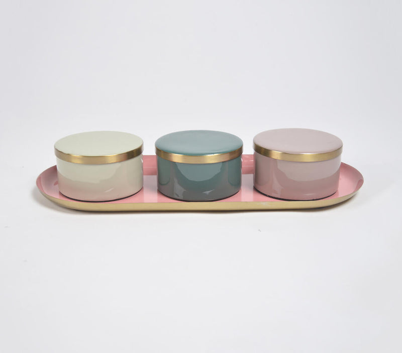 Pastel Enamelled Iron Oval Tray with 3 snack Boxes