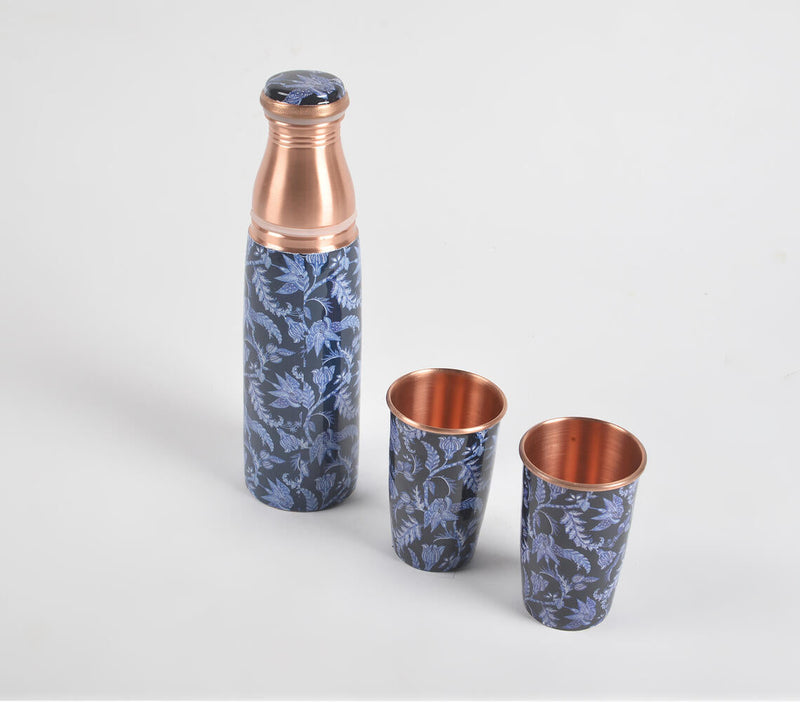 Enamelled Midnight Blue Copper Bottle & 2 Glasses Set