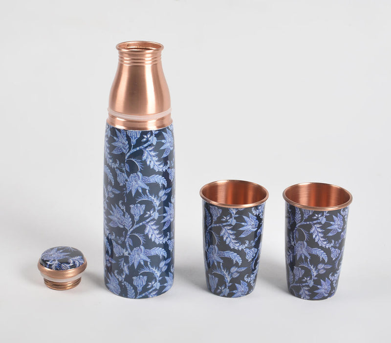 Enamelled Midnight Blue Copper Bottle & 2 Glasses Set