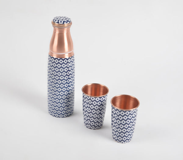 Enamelled Blue Diamonds Copper Bottle & 2 Glasses Set