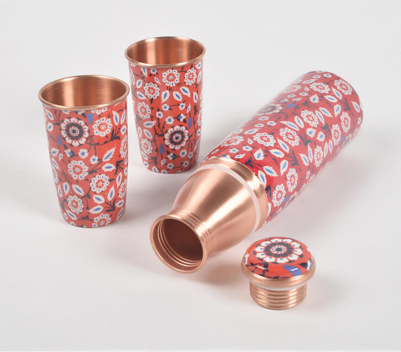 Enamelled Red Peony Copper Bottle & 2 Glasses Set