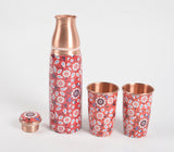 Enamelled Red Peony Copper Bottle & 2 Glasses Set