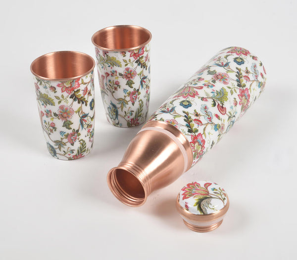 Enamelled Floral Countryside Copper Bottle & 2 Glasses Set