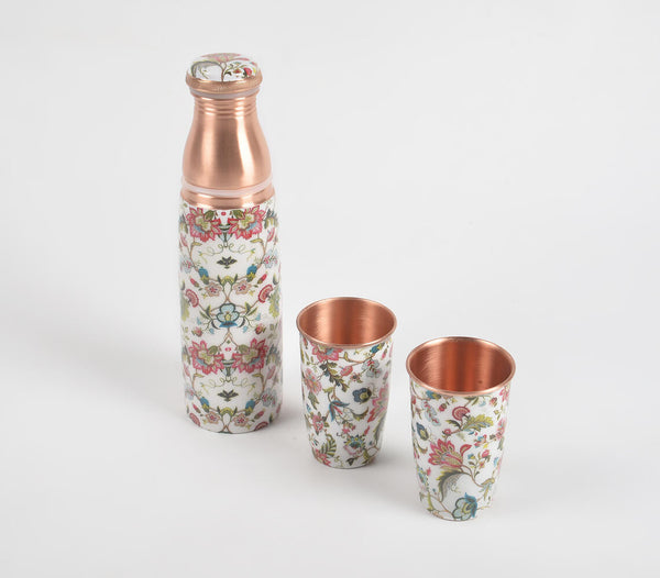 Enamelled Floral Countryside Copper Bottle & 2 Glasses Set