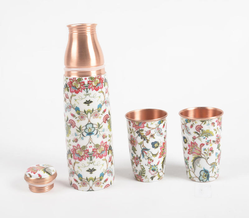 Enamelled Floral Countryside Copper Bottle & 2 Glasses Set