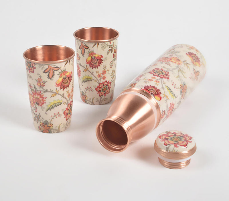 Enamelled Floral Sunset Copper Bottle & 2 Glasses Set
