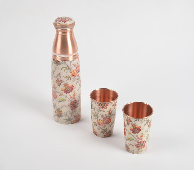 Enamelled Floral Sunset Copper Bottle & 2 Glasses Set