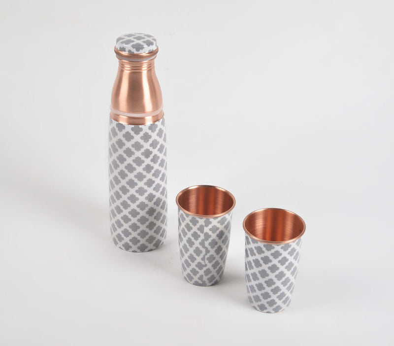 Enamelled Moroccan Portico Copper Bottle & 2 Glasses Set