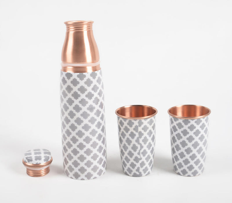Enamelled Moroccan Portico Copper Bottle & 2 Glasses Set