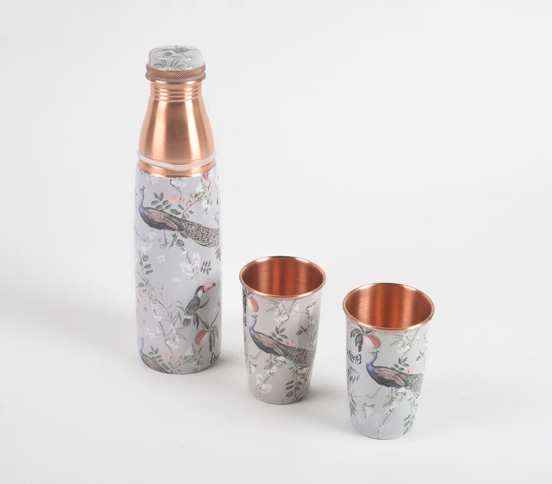 Enamelled Peacock & Hornbill Copper Bottle & 2 Glasses Set