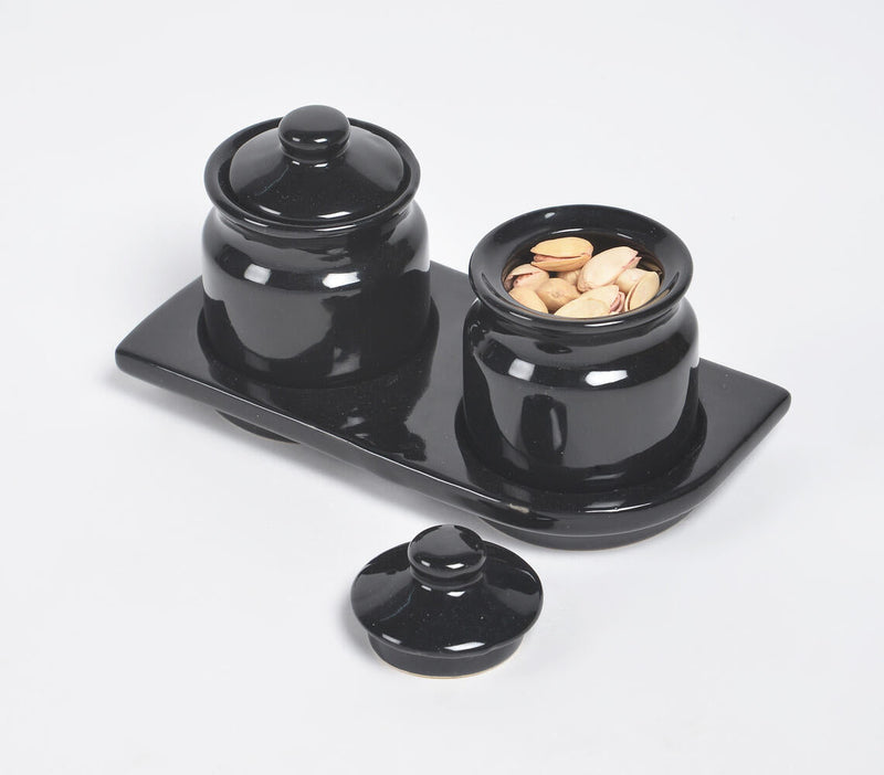 Pottery Ceramic Black Tray & 2 Jars with Lids