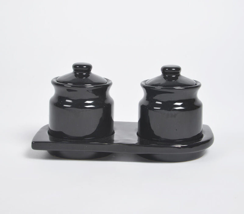 Pottery Ceramic Black Tray & 2 Jars with Lids