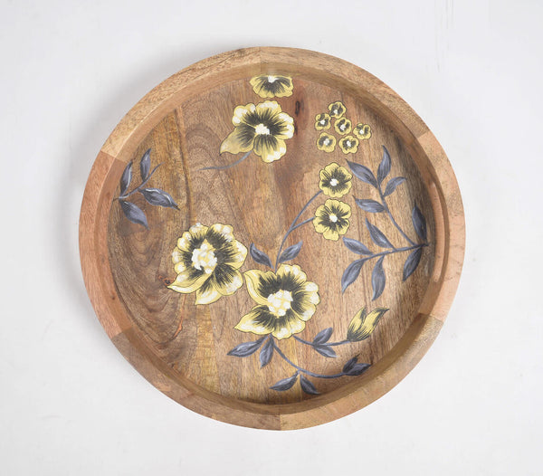 Floral Hand Printed Round Mango Wood Tray