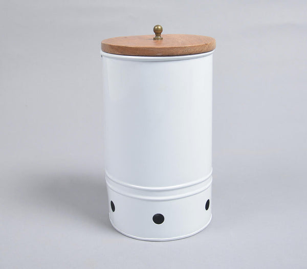 White Galvanized Iron Ribbed Cylindrical Box with Wooden Lid