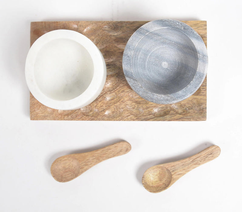 Set of Turned Stone Condiment Bowls with Wooden Spoons & Tray