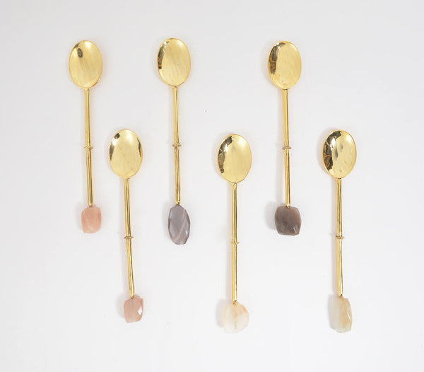 Hand Cut Moonstone & Brass Appetizer Spoons (Set of 6)