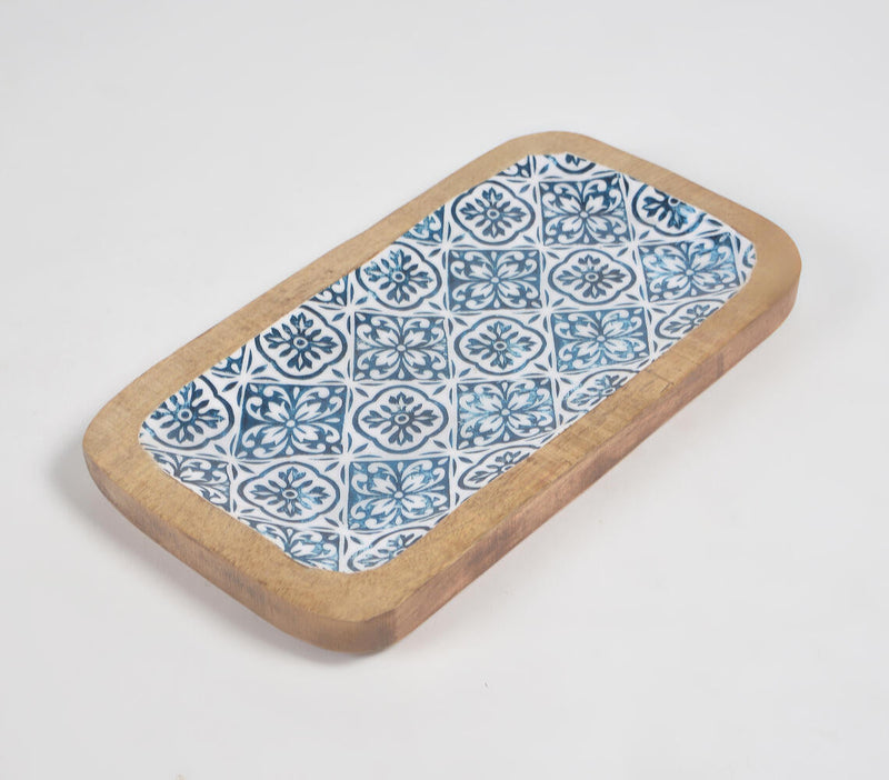 Indigo Meena print Light burnt Wooden Tray