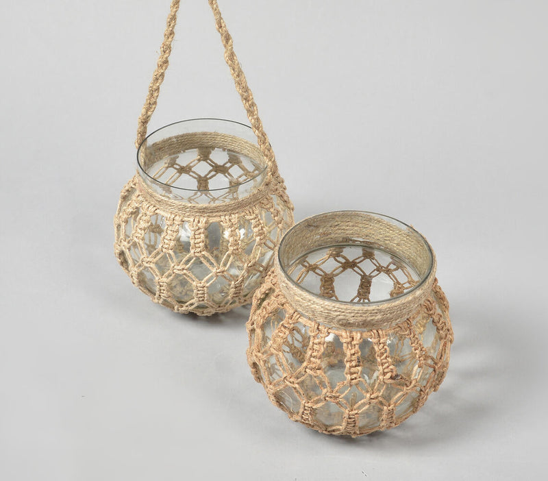 Hand Knotted Jute & Glass Jar Candle Holders (Set of 2)