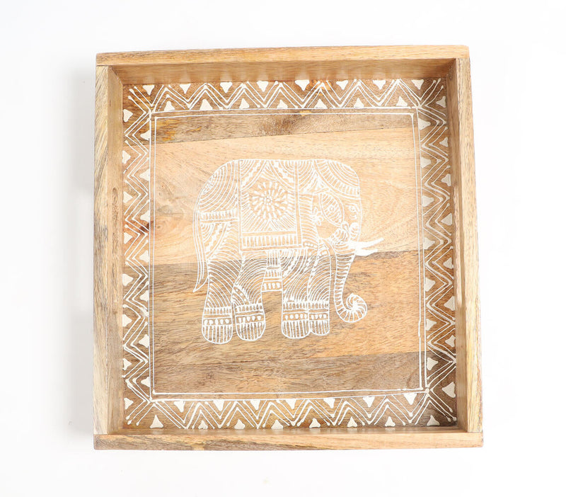 Elephant Motif Hand Painted Wooden Tray