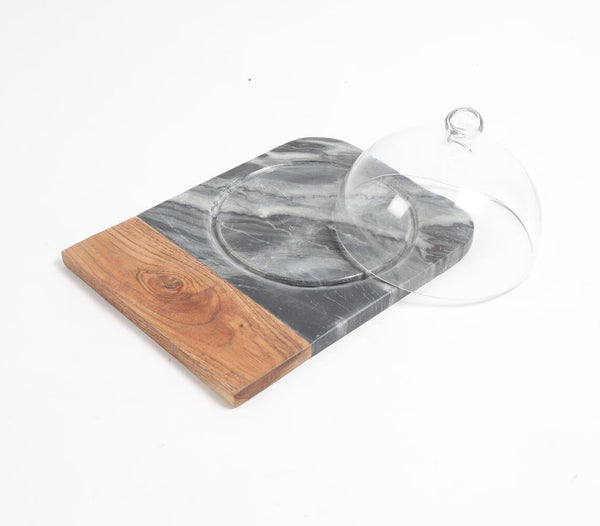 Black Marble & Wood Colorblock Cake Platter With Glass Dome