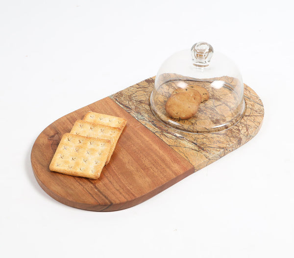Marble & Wood Capsule-Shaped Cake Platter With Glass Dome