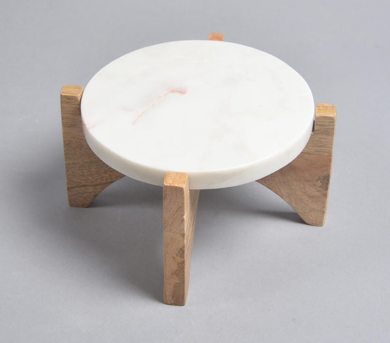 Classic White Marble Cake Platter with Wooden Stand