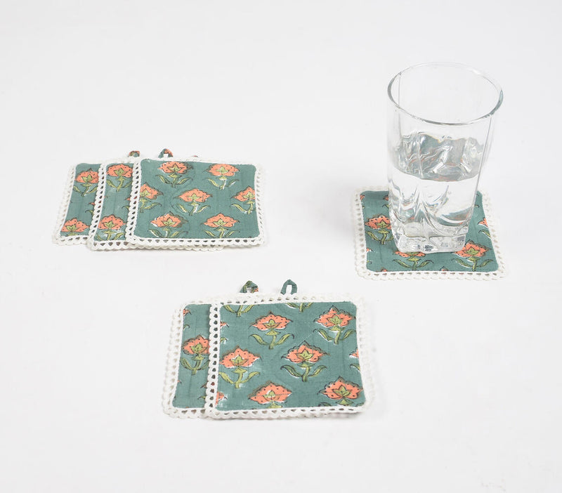 Block Printed Sage Floral Cotton Coasters with Lace Trims (set of 6)