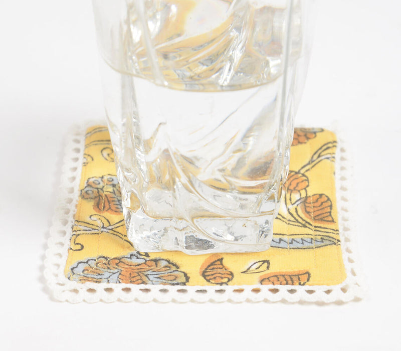 Block Printed Lemon Floral Cotton Coasters with Lace Trims (set of 6)