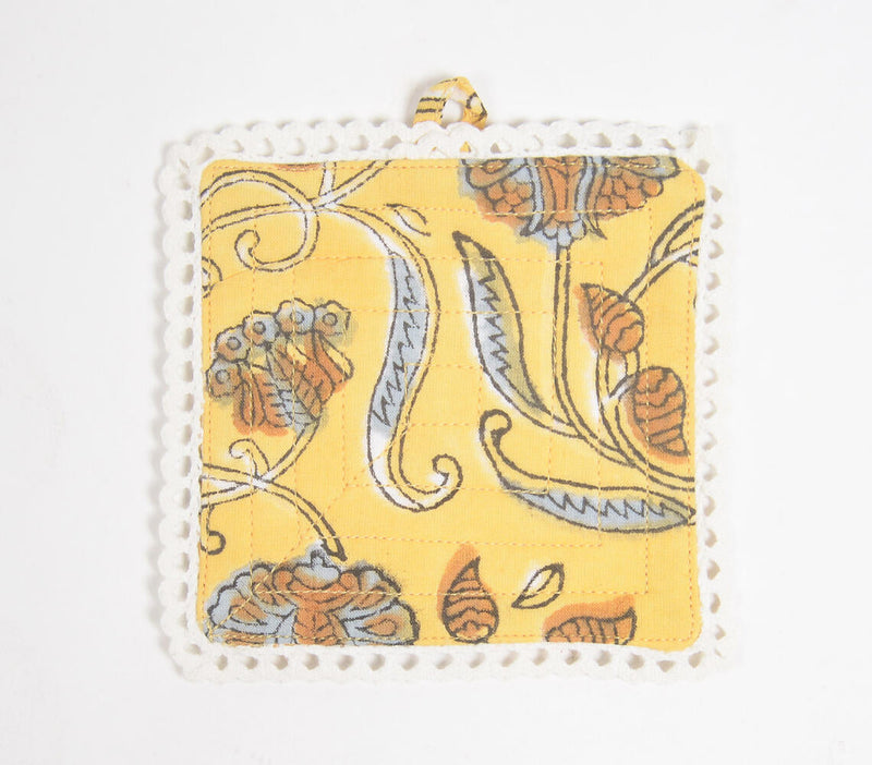 Block Printed Lemon Floral Cotton Coasters with Lace Trims (set of 6)