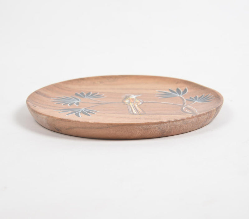 Enamelled Acacia Wood 'Bird on a Branch' Plate (Small)